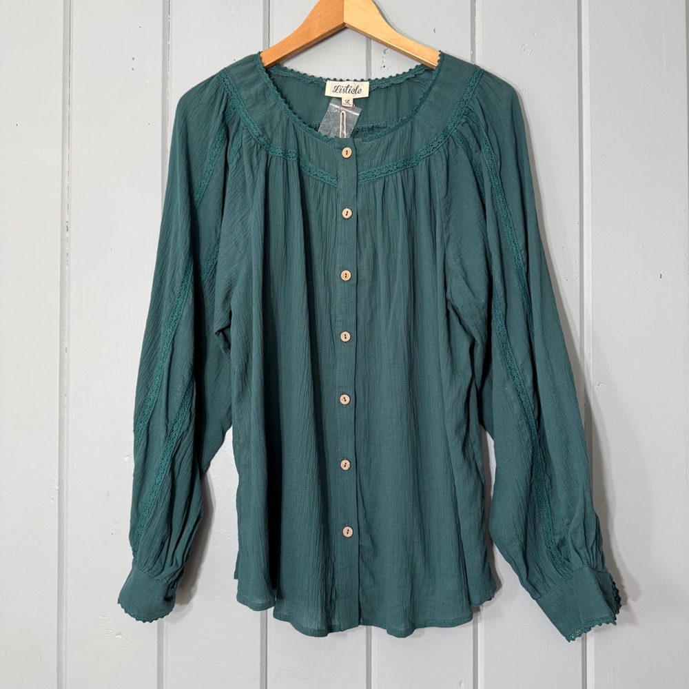 Listicle‎ Emerald Green Prairie Bohemian Button Down Balloon Sleeve Blouse Top L